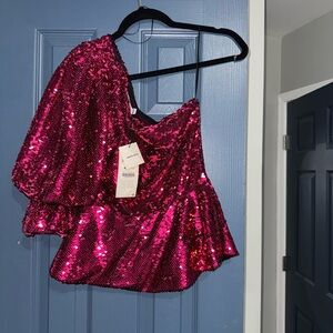 Zara limited edition Pink Sequin One-Shoulder Top